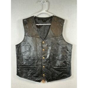 Vintage 80's Mens XL Black Patchwork Leather Vest Biker Rocker Sleeveless Jacket